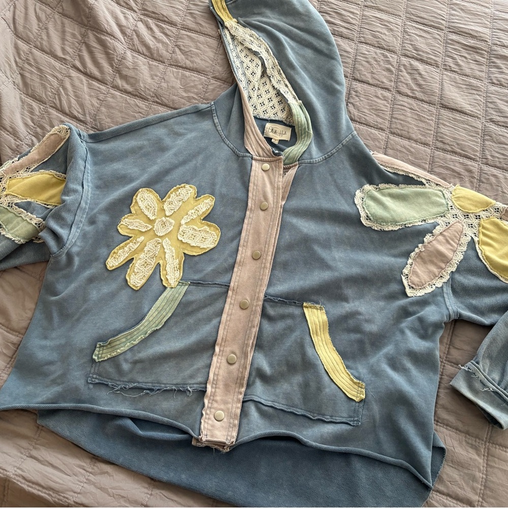 Blue Hoodie with Floral Appliqué